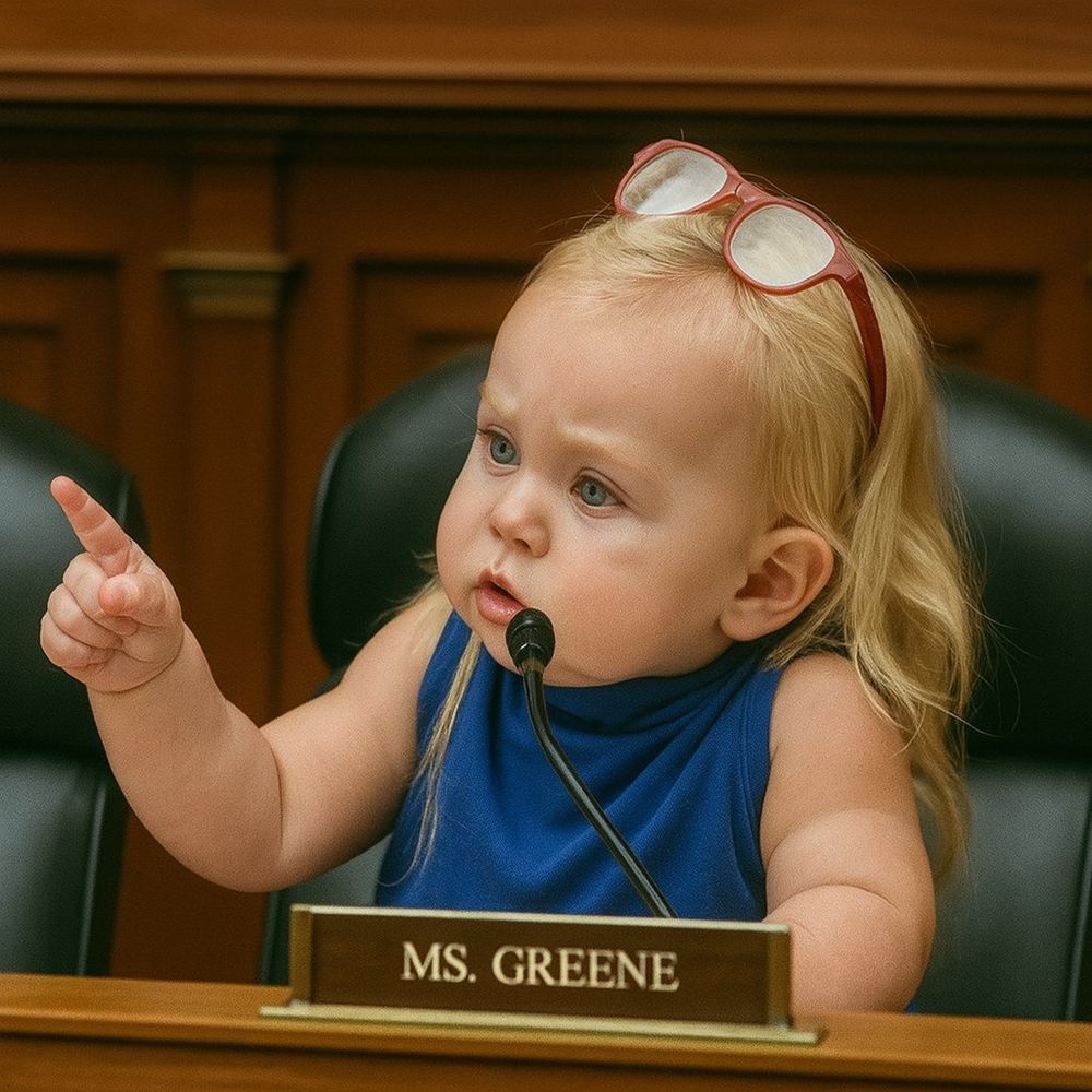 Ai generated image of baby Marjorie Taylor Greene sitting at a congressional seat behind her name plate. She is speaking into a microphone and has an index finger raised as if making a point or assigning blame.