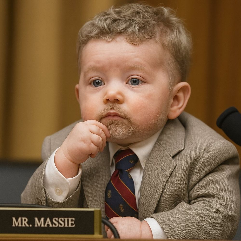 Ai generated image of Rep Massie as a baby sitting behind his nametag at a seat in congress. He seems to be paying attention while playing with his beard