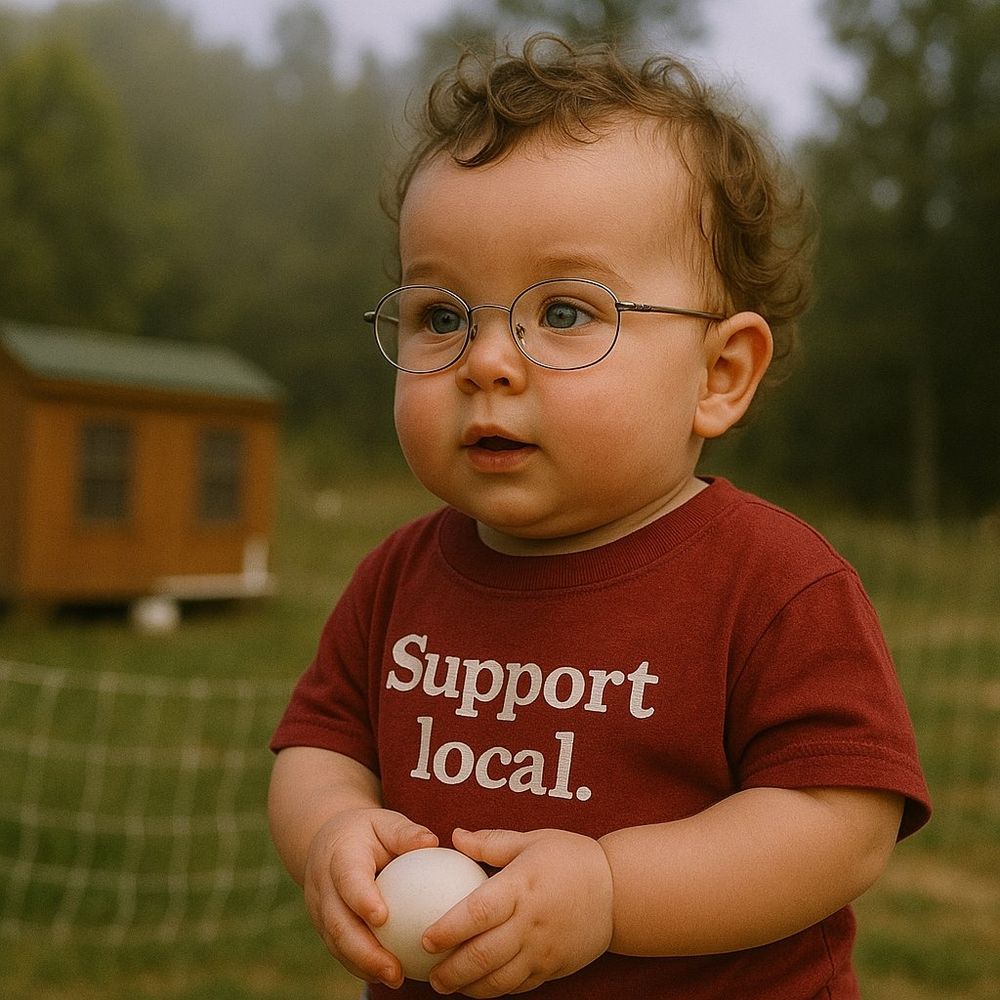 Ai generated image of Rep Massie as a baby. He is standing outside In what seems to be a family farm with a chicken coop behind him. He is holding a round white object and has a red t shirt reading "support local"