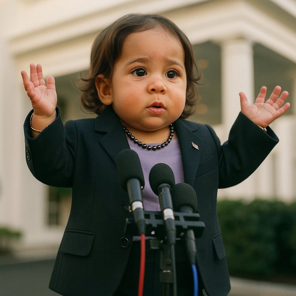 An ai generated image of baby Kamala Harris standing behind three microphones on a lawn in front of a large white columned building. Both her hands are in the air as if explaining how wide something is