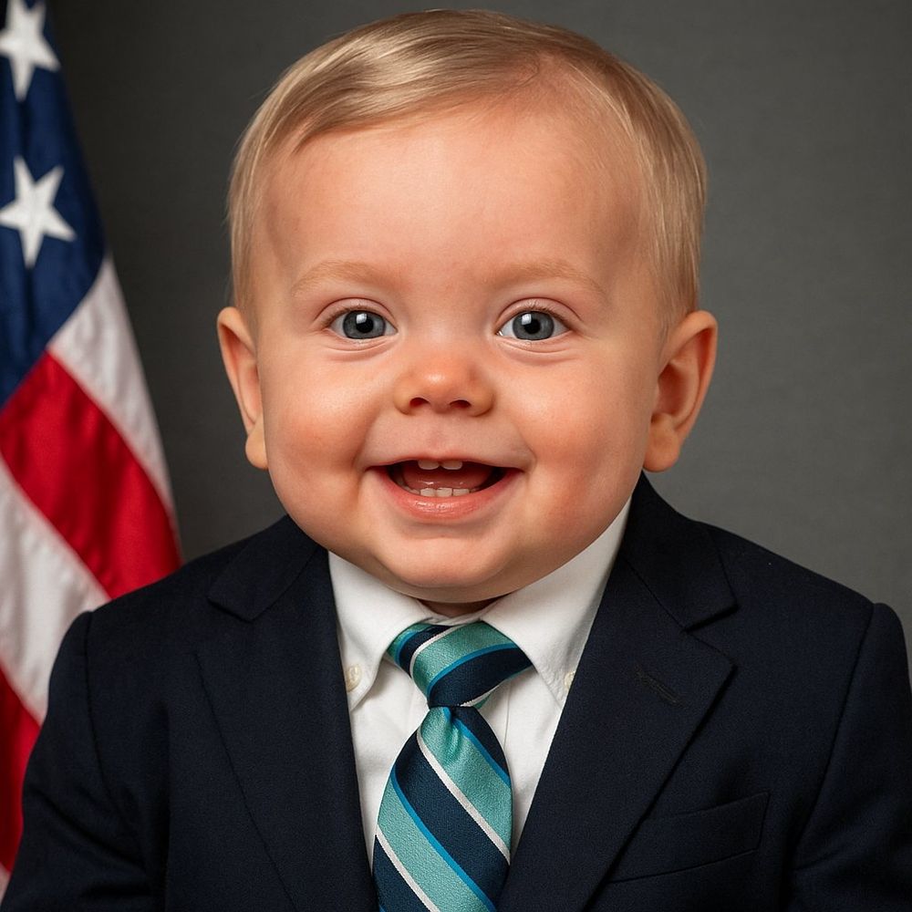 Ai-modified baby Lindsey Graham in a black suit and smiling while standing in front of an american flag and gray background