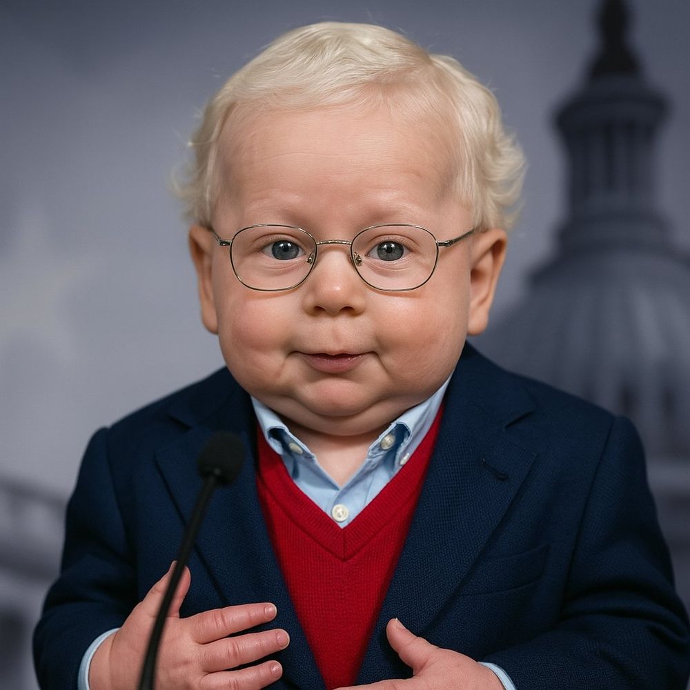An ai Generated image of baby Mitch McConnell standing behind a microphone with a blurry Capitol building in the background