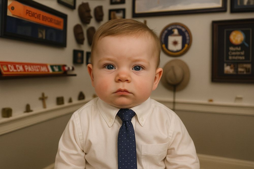 Ai Generated image of baby Eric Swalwell in an office wearing a collared white shirt and tie and frowning in front of a backdrop of NSA logos, remove before flight tags, religious emblems, and other office wall decoration.