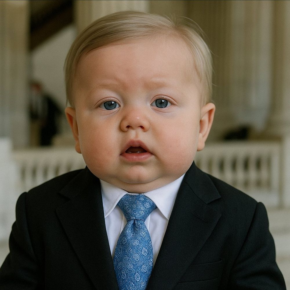 Ai-modified baby Lindsey Graham in a black suit looking board with out of focus pillars from the halls of government behind him, as of being interviewed by a TV reporter.