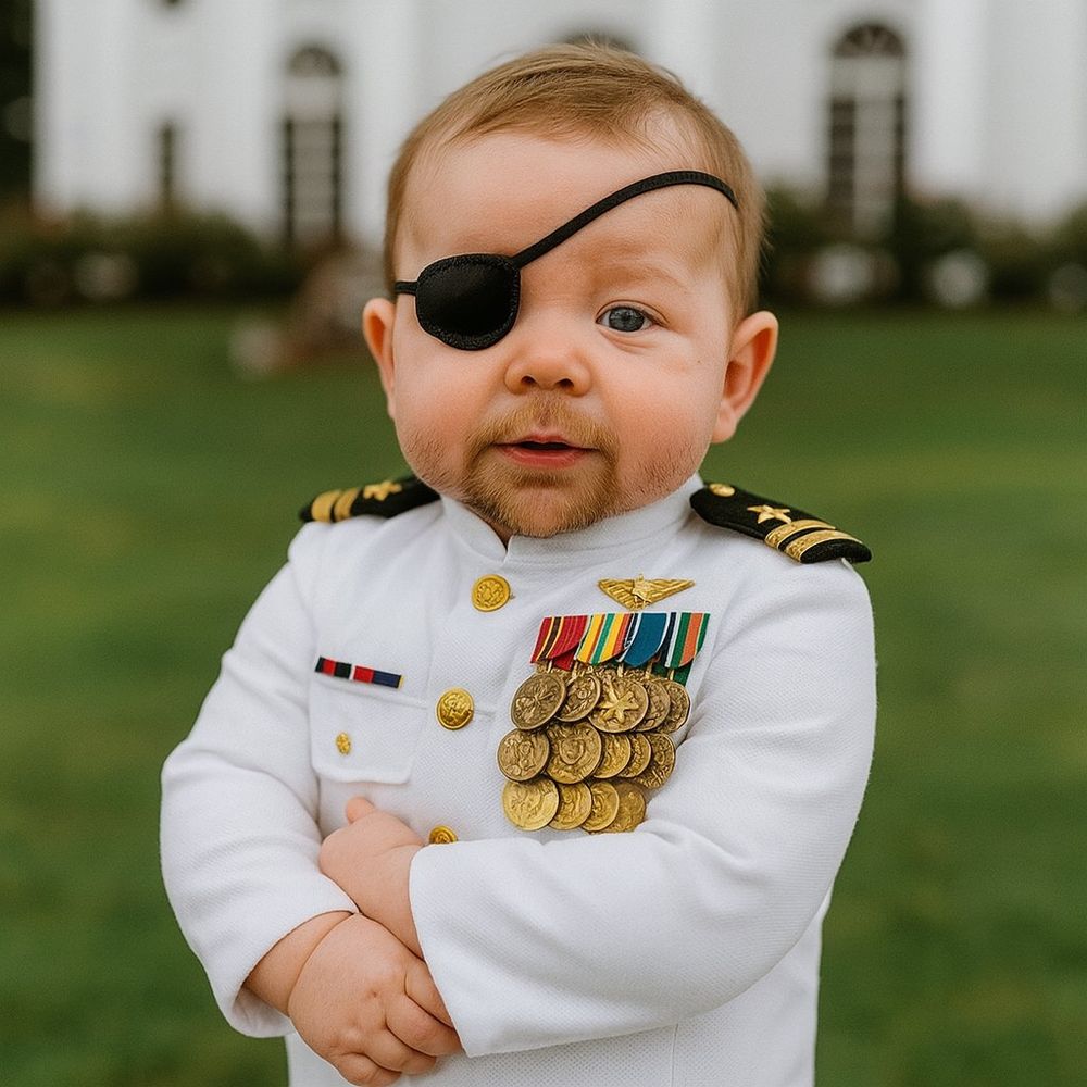Ai generated image of baby Dan Crenshaw standing in a field wearing a white formal military uniform with many medals and pins. His arms are almost folded and he is wearing an eye patch.