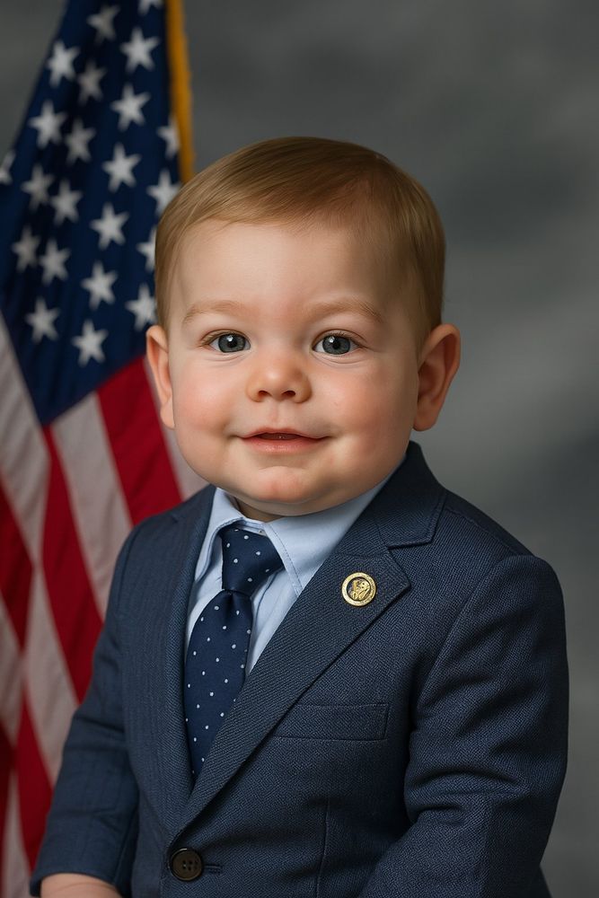 Ai generated image of a professional headshot of baby Eric Swalwell in front of a portrait backdrop and an american flag. He is wearing a dark suit, tie, and lapel pin