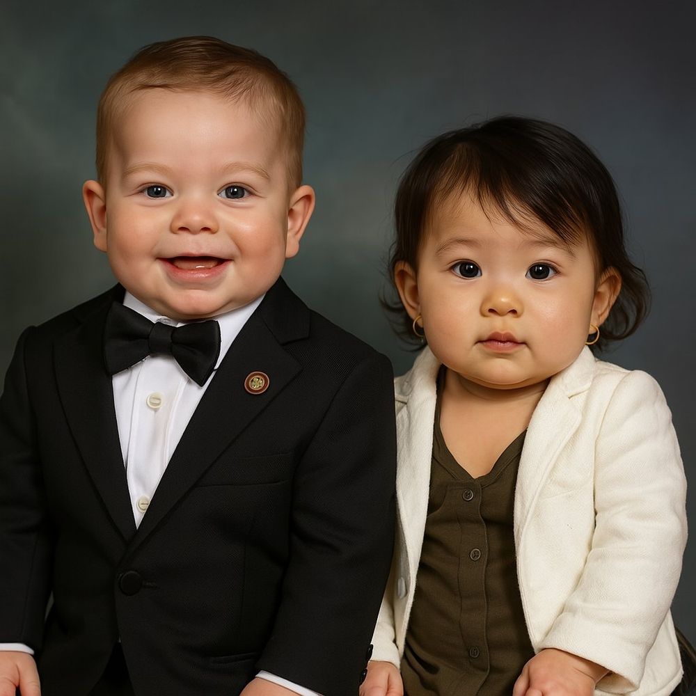 Ai generated image of baby Eric Swalwell in a black suit and bowtie smiling and standing next to an asian baby wearing a brown undershirt, white jacket, and earrings