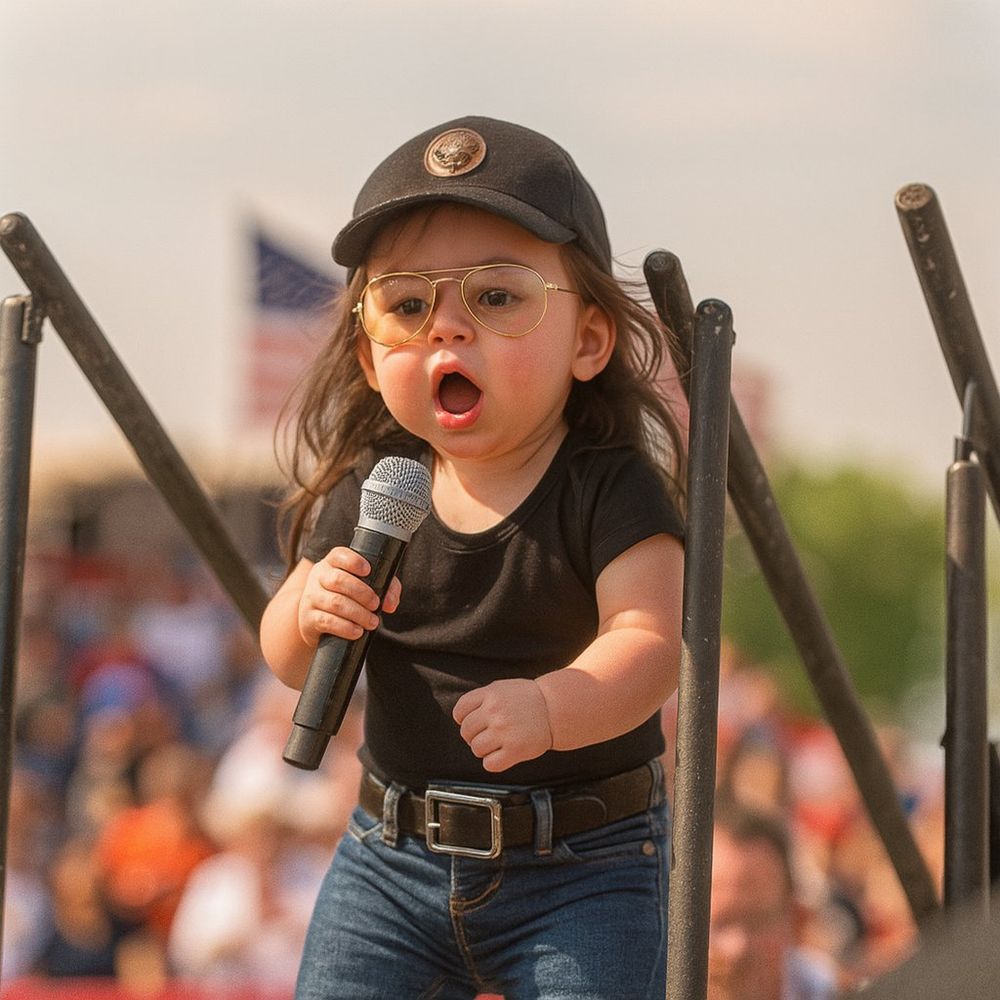 AI generated image of Lauren Boebert as a baby standing on stage with a wireless microphone, a blurry crowd visible in the background. She is wearing a black baseball cap, jeans with a belt, and a black top, and her mouth is open as if mid-speech.