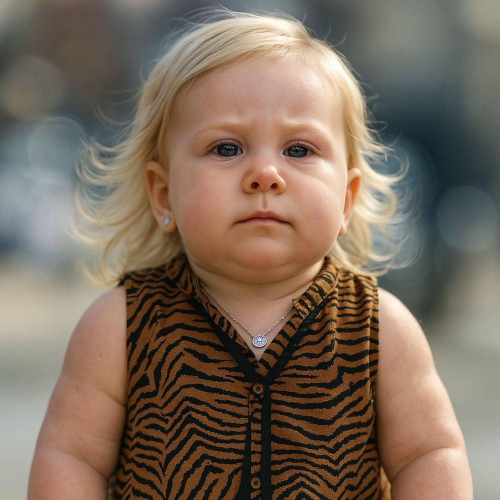 Ai generated image of baby Marjorie Taylor Greene standing outside with her wispy baby hair in the sun while looking something between uncomfortable and indignant. She is wearing a sleeveless leopard print Button down shirt that shows off her chubby baby arms