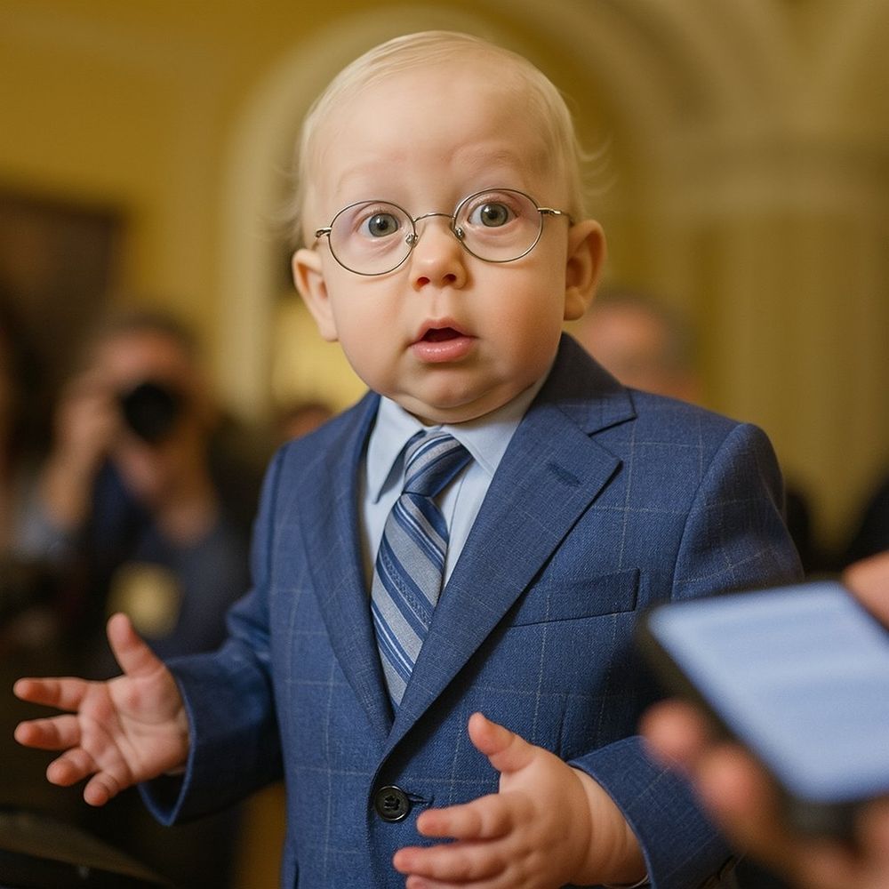 An ai generated photo depicting Mitch McConnell as a baby in a blue suit explaining something to an off screen reporter.

In the foreground is a blurry phone, and a photographer and camera is visible in the blurry background