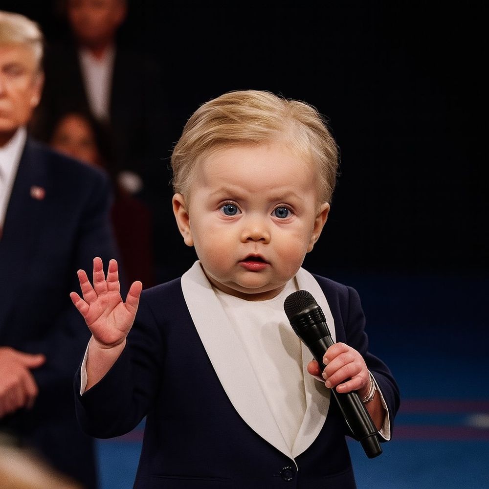 An ai generated image of Hillary Clinton as a baby. She is holding a microphone as if presenting. She is wearing a black jacket with an out turned collar showing off the white jacket interior and white undershirt.