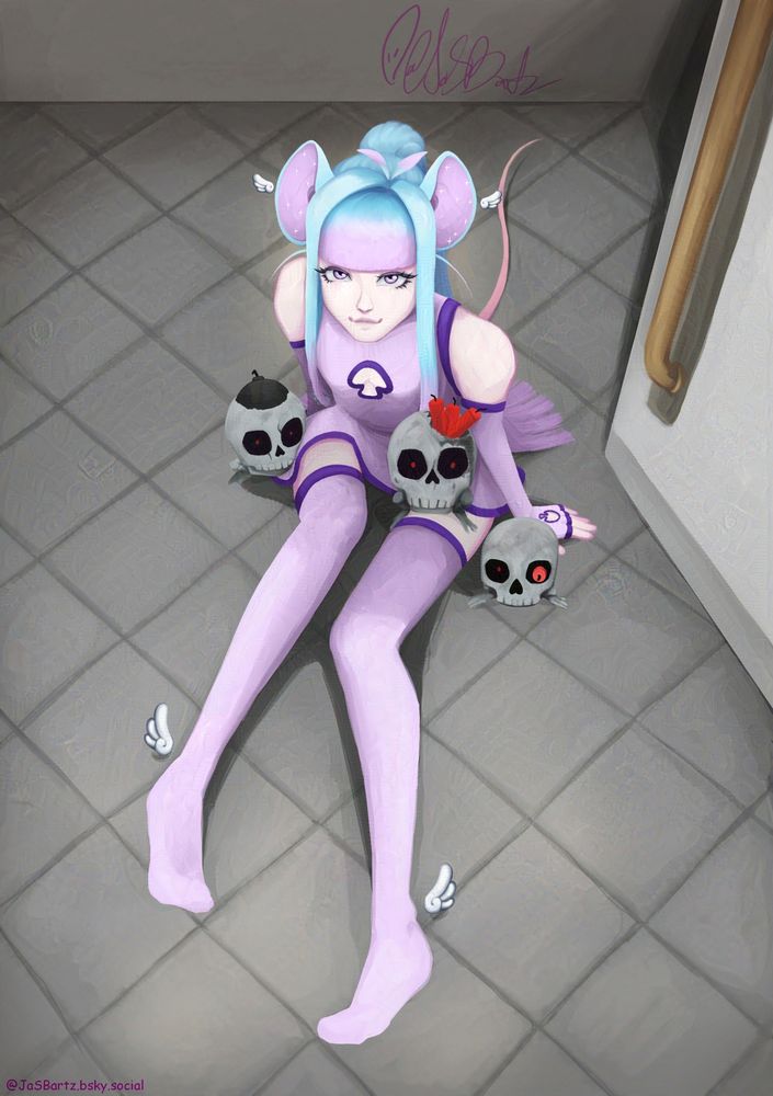 painting of my vtuber Ratman sitting down on the floor in mcjannek station, hanging out with three unlit bangers