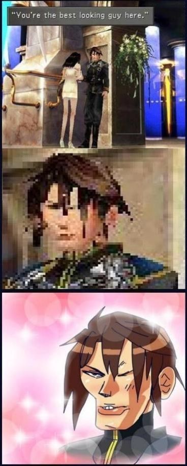 Redraw of Squall's pixelated face as he's being told by Rinoa that he's the best looking guy at the party from Final Fantasy 8 as a meme.