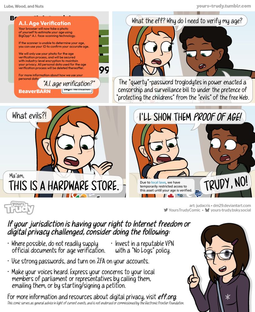 If your jurisdiction is having your right to Internet freedom or digital privacy challenged, consider doing the following:
• Where possible, do not readily supply official documents for age verification.
• Invest in a reputable VPN with a "No Logs" policy.
• Use strong passwords, and turn on 2FA on your accounts.
• Make your voices heard. Express your concerns to your local members of parliament or representatives by calling them, emailing them, or by starting/signing a petition.

For more information and resources about digital privacy, visit eff.org.