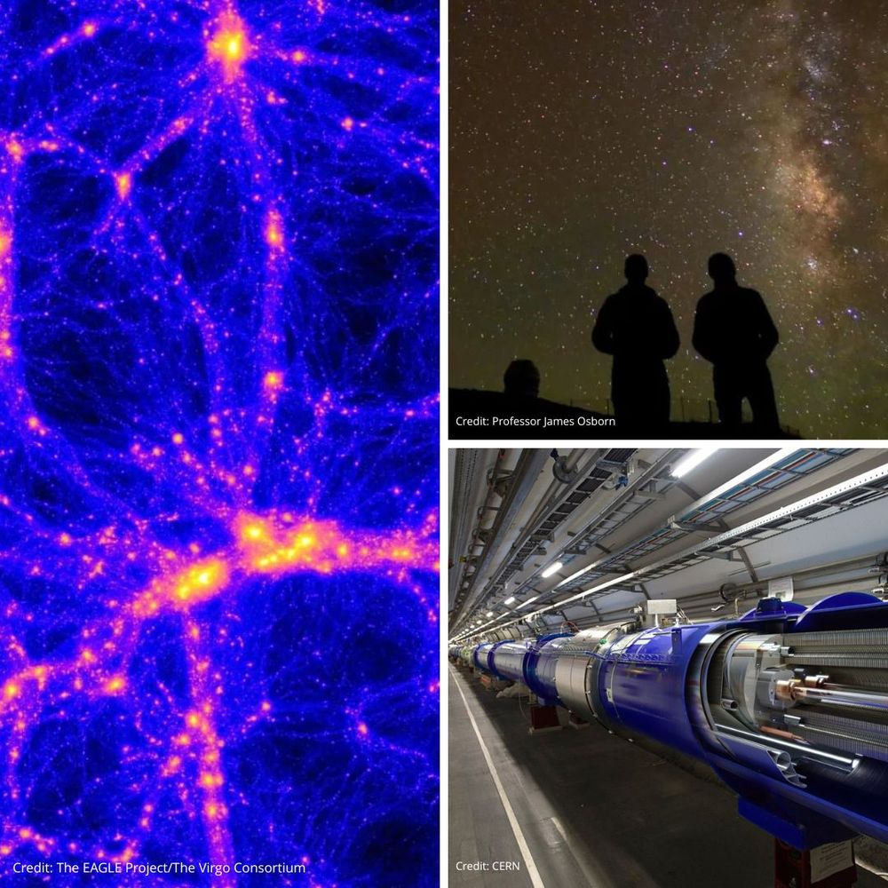 A montage of space related images including a simulation of the cosmic web, the Large Hadron Collider at CERN and people looking up at the Milky Way in the night sky.