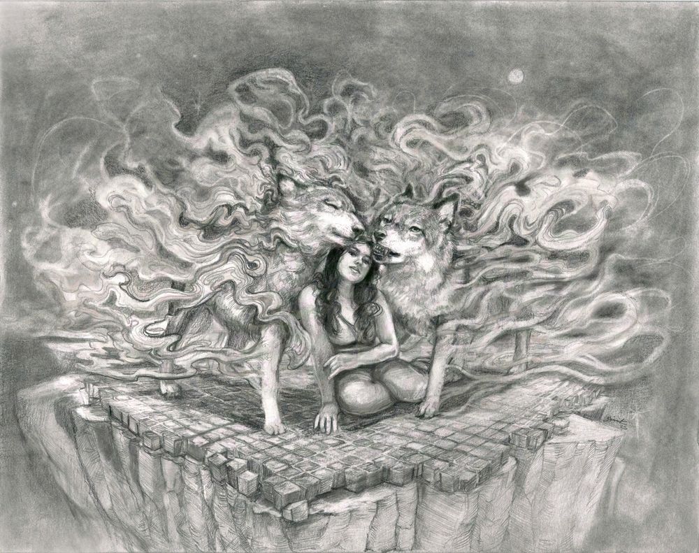 A graphite drawing with a girl sitting in the center. 2 ghost/spirit wolves are on each side of her. They're on top of a rock and cobblestones inspired in Rome's streets.