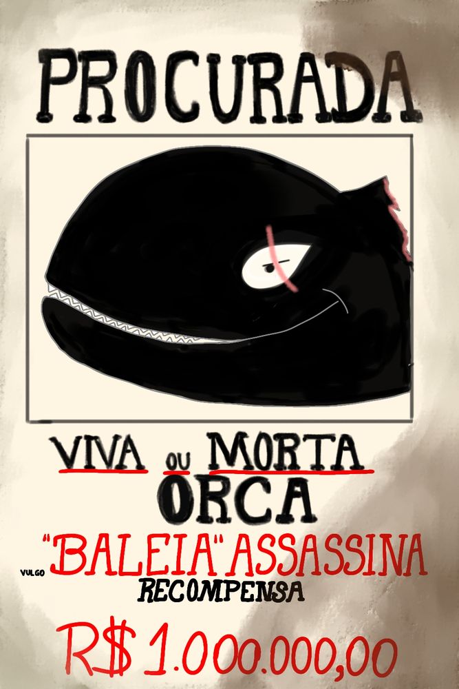 Cartaz de procurado de uma orca acusada de assassinato 
