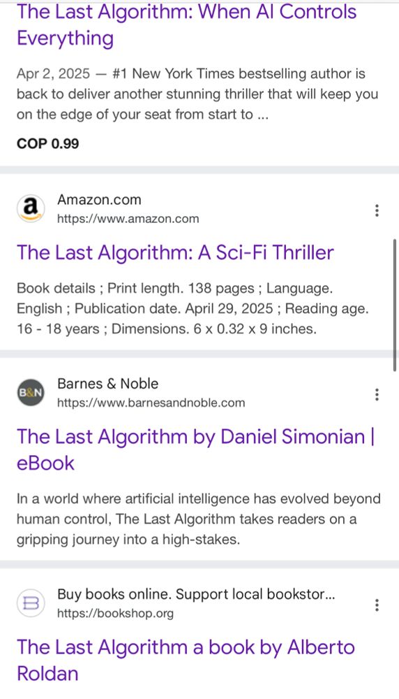 A screenshot of Google search results for “the last algorithm book” showing multiple e-commerce listings for a book with that title but different authors.