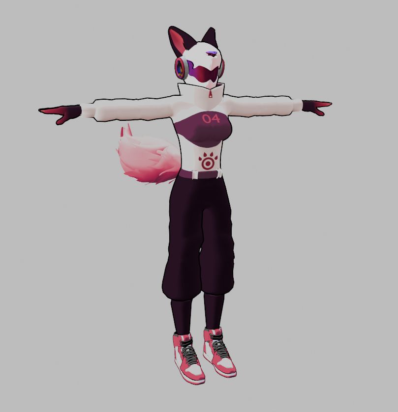 T - Pose view of a 3D model. Rave avatar purple maroon pants and color scheme with a fox tail and helmet with ears.