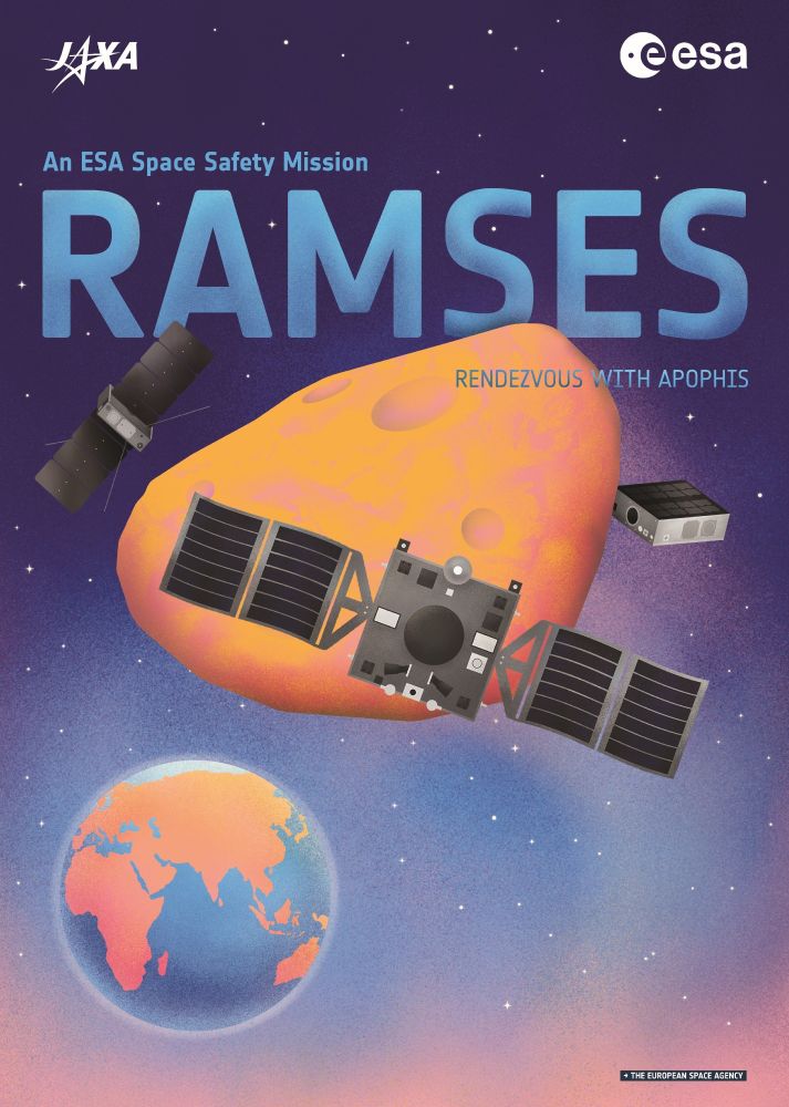 Stylised poster depicting the ESA-JAXA Ramses mission to asteroid Apophis