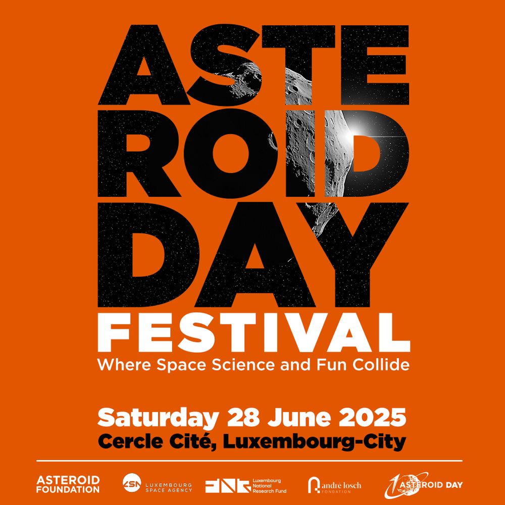 Asteroid Day promotional poster: black and white text on an orange background