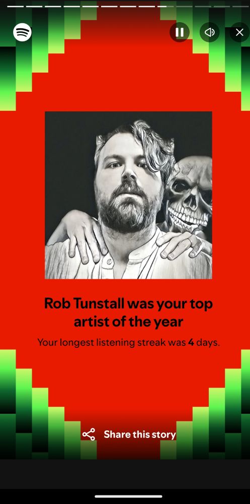 Spotify wrapped that says Rob Tunstall was your top artist of the year. Your longest listening stream was 4 days.