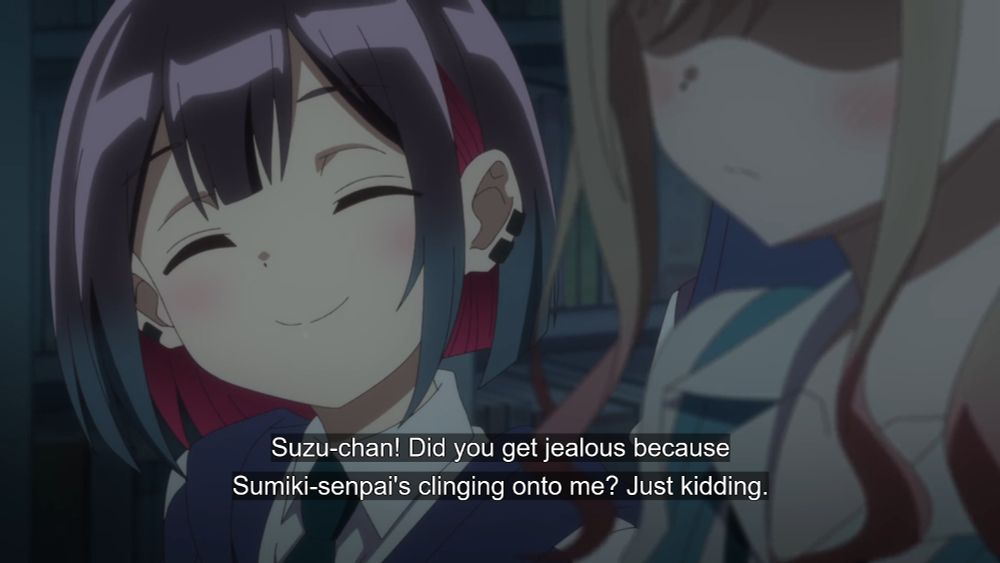 Screenshot from the yuri comedy Bad Girl in which Yuu Yutani, the himbo lesbian protagonist, asks her childhood bff : "Suzu-chan ! Did you get jealous because Sumiki-senpai's clinging onto me ? Just kidding."