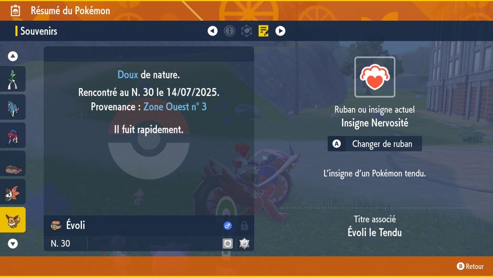 Screenshot from Pokémon Violet of the third page of that shiny Eevee's information. It is of Mild nature, was caught on July 14th 2025 and is described as "fleeing quickly". It has the Nervous mark : it's just like me fr fr