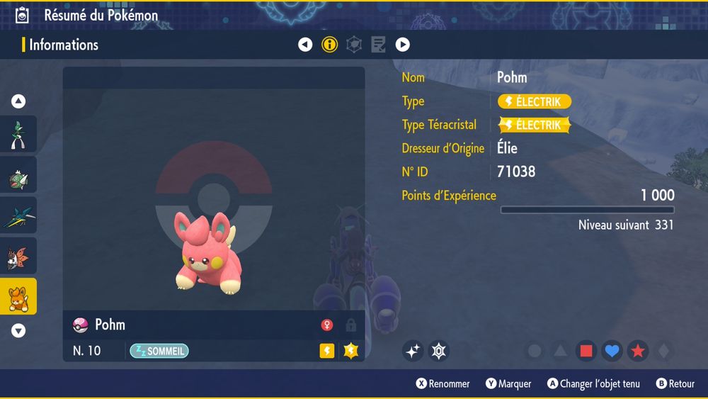 Screenshot from Pokémon Violet of a shiny female Pawmi, caught in a Love Ball. Both the ball and the shiny are pink