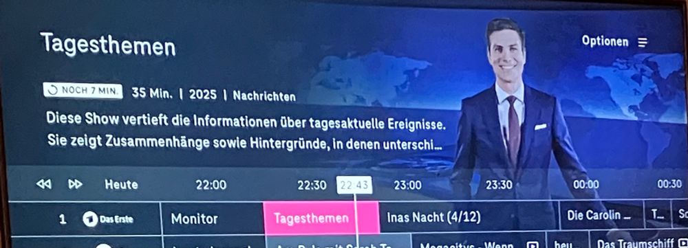 Ankündigung der Tagesthemenin der Programm Übersicht:
Diese Show vertiefte Informationen über Tages aktuelle Ereignisse. Sie zeigt Zusammenhänge sowie Hintergründe, in denen unterschiedliche… ….