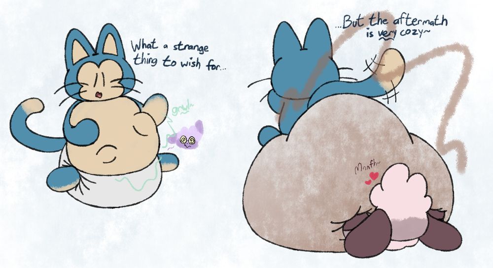 Puar looking down at his full rumbly tumby! Seems he ate Bunny, who's very flustered~ 
"What a strange thing to wish for..."

"but the aftermath is very cozy~" he says, filling his pampers full on top of a very flustery blushy sheepy girl!