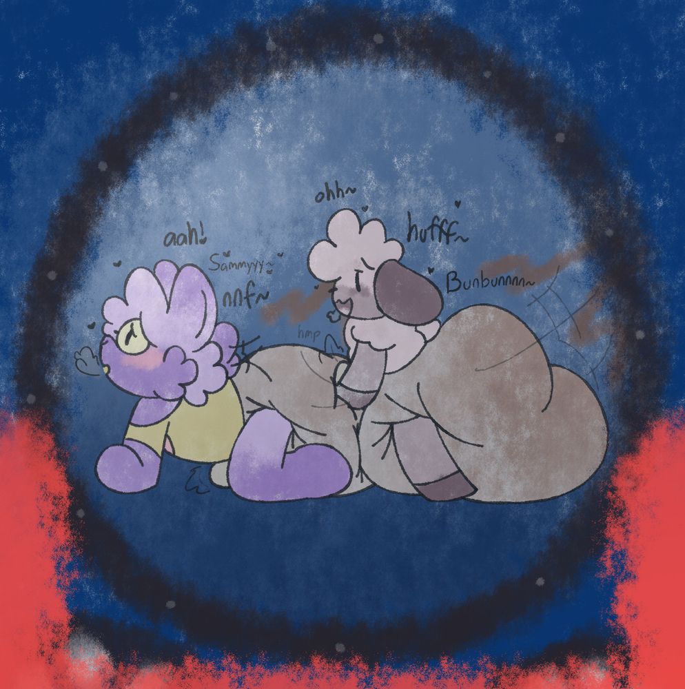 An outside-looking-in view of Sammy and Bunny playing... naughty games inside of the playplace. Bunny down on his paws, Sammy is relentlessly humping and grinding her diapertent against his now-loaded luvs. Both are filling their seats and making stickies together, moaning out cutely as they do. Not the least bit concerned about whether they'll get caught or whoever sees them, they're just lost in the moment together. 