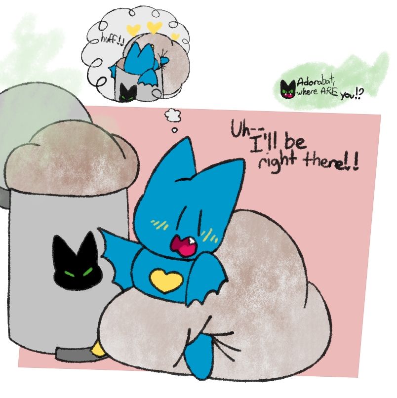 Adorabat, with hypermessed huggies, all flustery next to an open pail- which seems to be Mao Mao's! She's daydreaming about sticking her face in the pampers inside!! Mao Mao is yelling from another room, sight unseen: "Adorabat, where ARE you!?" She responds "Uh-- I'll be right there!!" all flustery and worried about being caught doing something naughty!