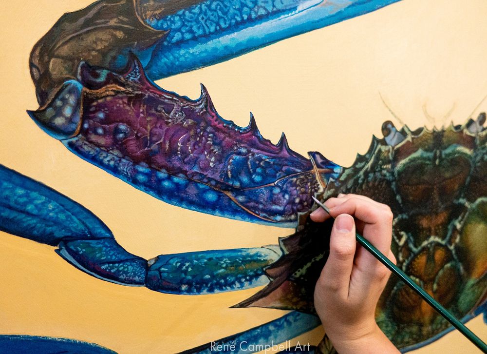 A close up of an acrylic painting of a crab's claw, also showing the artists hand with a paintbrush on the painting.