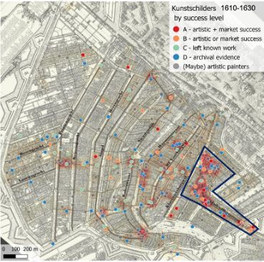 Cluster von Künstlern an der Antoniesbreestraat (1610–1630). Quelle: Li, Weixuan, Painters’ Playbooks: Deep Mapping Socio-spatial Strategies in the Art Market of Seventeenth-Century Amsterdam, PhD dissertation, University of Amsterdam 2023.