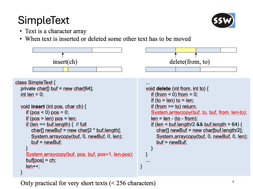 An old slide that shows a buffer manager for a text editor, using simple coping to handle inserts and deletes.