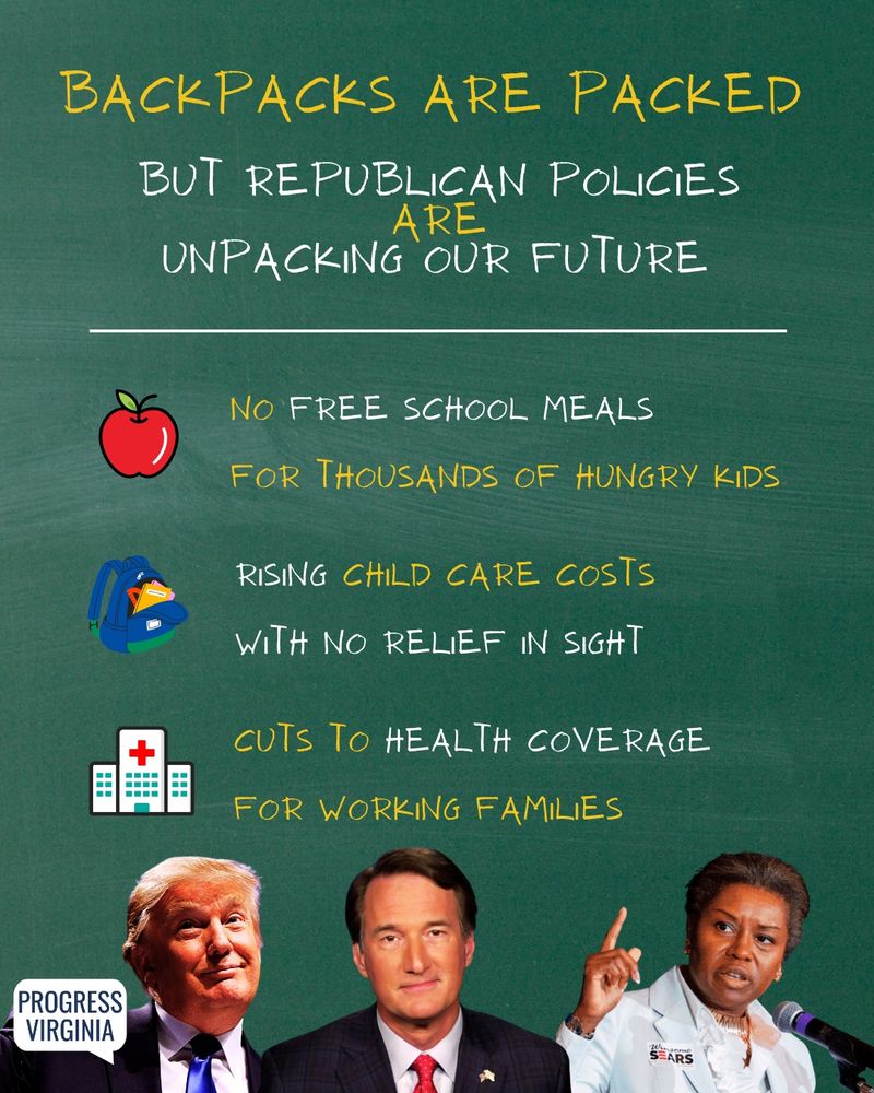 Donald Trump, Glenn Youngkin, and Winsome Earle-Sears against a green chalkboard backdrop with text that reads:
"Backpacks are packed, but Republican policies are unpacking our future. No free school meals for thousands of hungry kids. Rising child care costs with no relief in sight. Cuts to health coverage for working families."