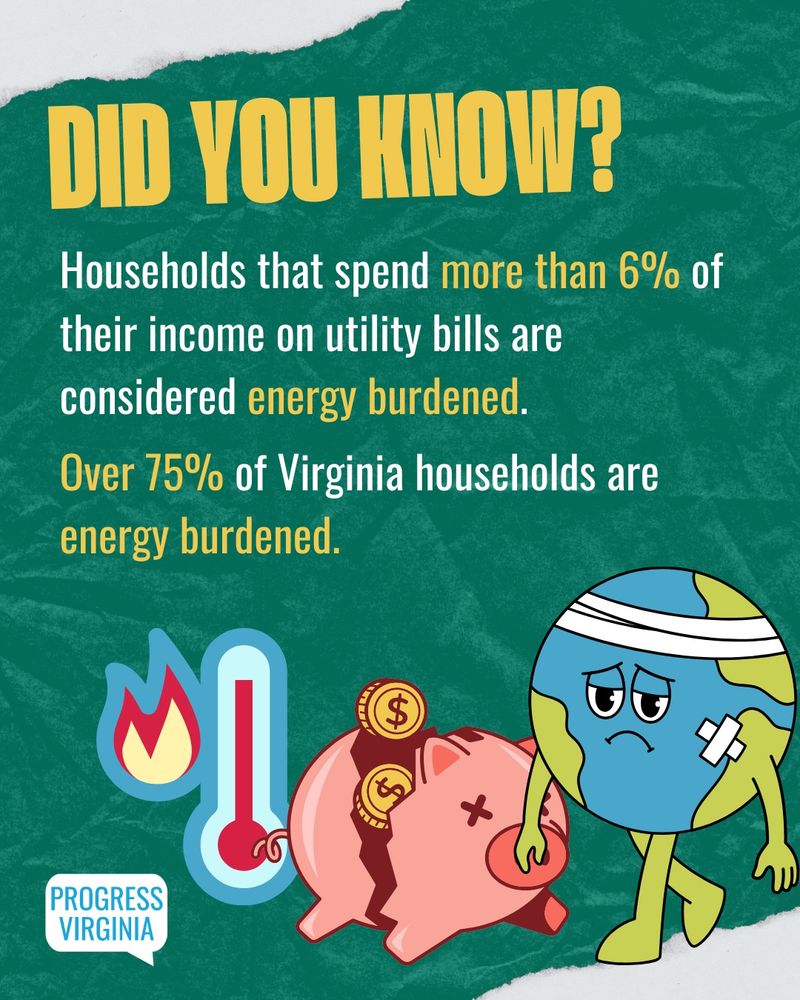 A thermometer with a reading so high that it's on fire, a broken, empty piggy bank, and a cartoon Planet Earth looking sad and covered in bandages. 

Text: Did you know? Households that spend more than 6% of their income on utility bills are considered energy burdened. Over 75% of Virginia households are energy burdened.