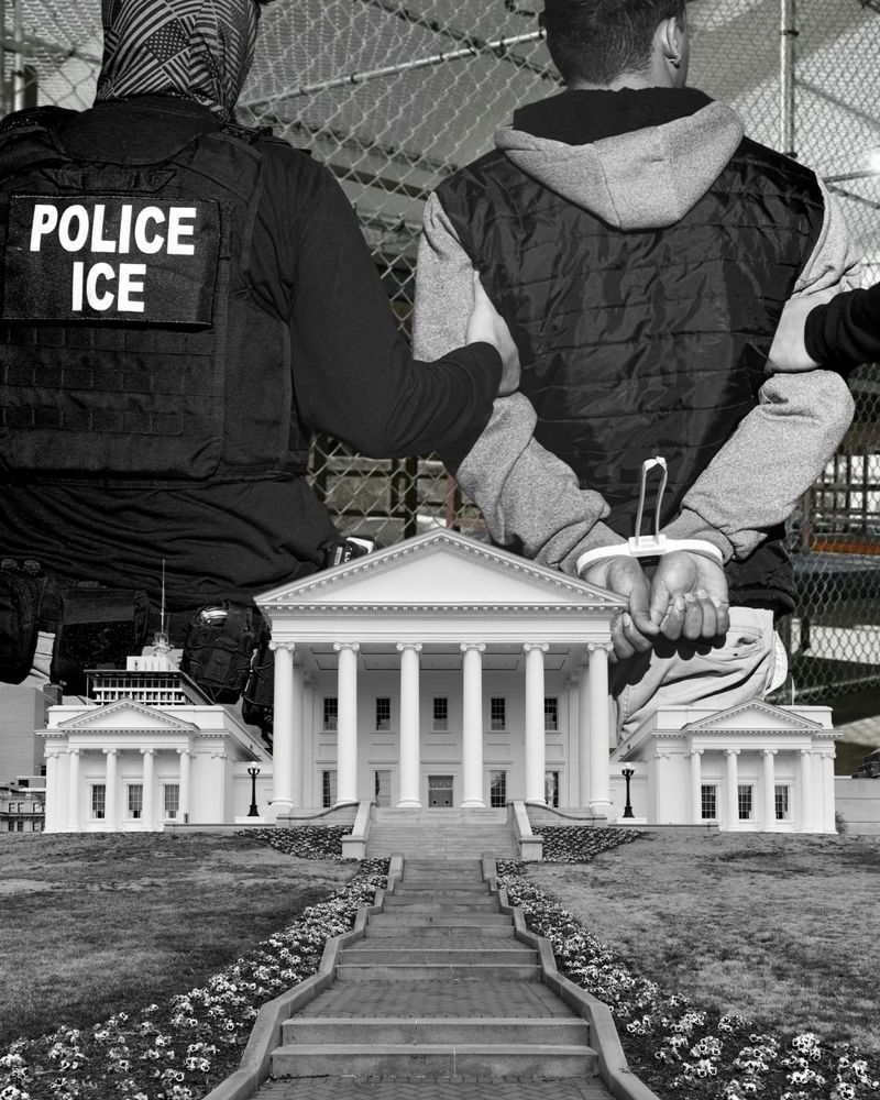 Black and white images of ICE agents arresting a Virginian with the Virginia State Capitol superimposed.