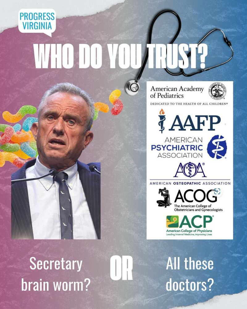 Against a backdrop of trans pride colors, the portrait of HHS Secretary Robert F. Kennedy, Jr. surrounded by gummy worms is placed alongside the logos for the American Academy of Pediatrics, the American Academy of Family Physicians, the American Psychiatric Association, the American Osteopathic Association, the American College of Obstetricians and Gynecologists, and the American Academy of Physicians. 

Text: Who do you trust? Secretary brain worm? Or all these doctors?