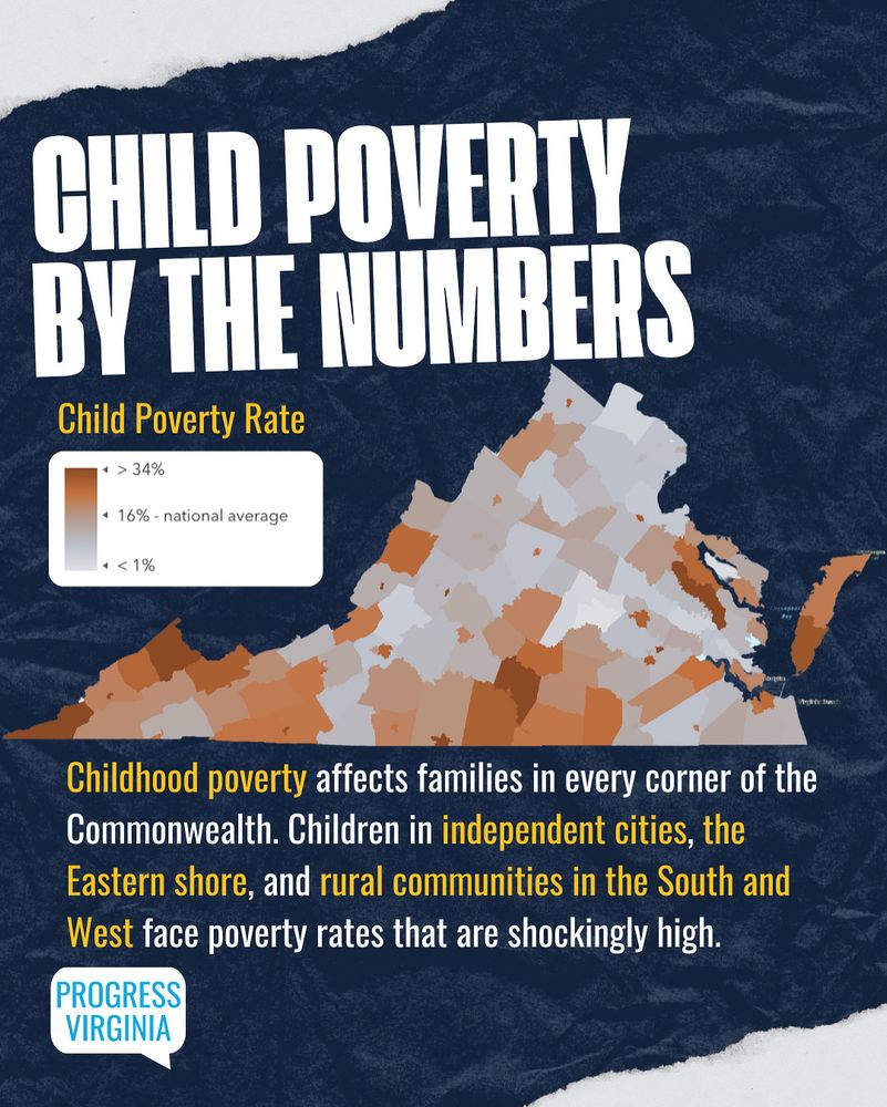A graphic showing child poverty rates in Virginia by county. Childhood poverty rates are as high as 34% in  counties in the South and West of the state, the Eastern Shore, and in independent cities.

Text: Child poverty by the numbers. Childhood poverty affects families in every corner of the Commonwealth. Children in independent cities, the Eastern Shore, and rural communities in the South and West face poverty rates that are shockingly high.