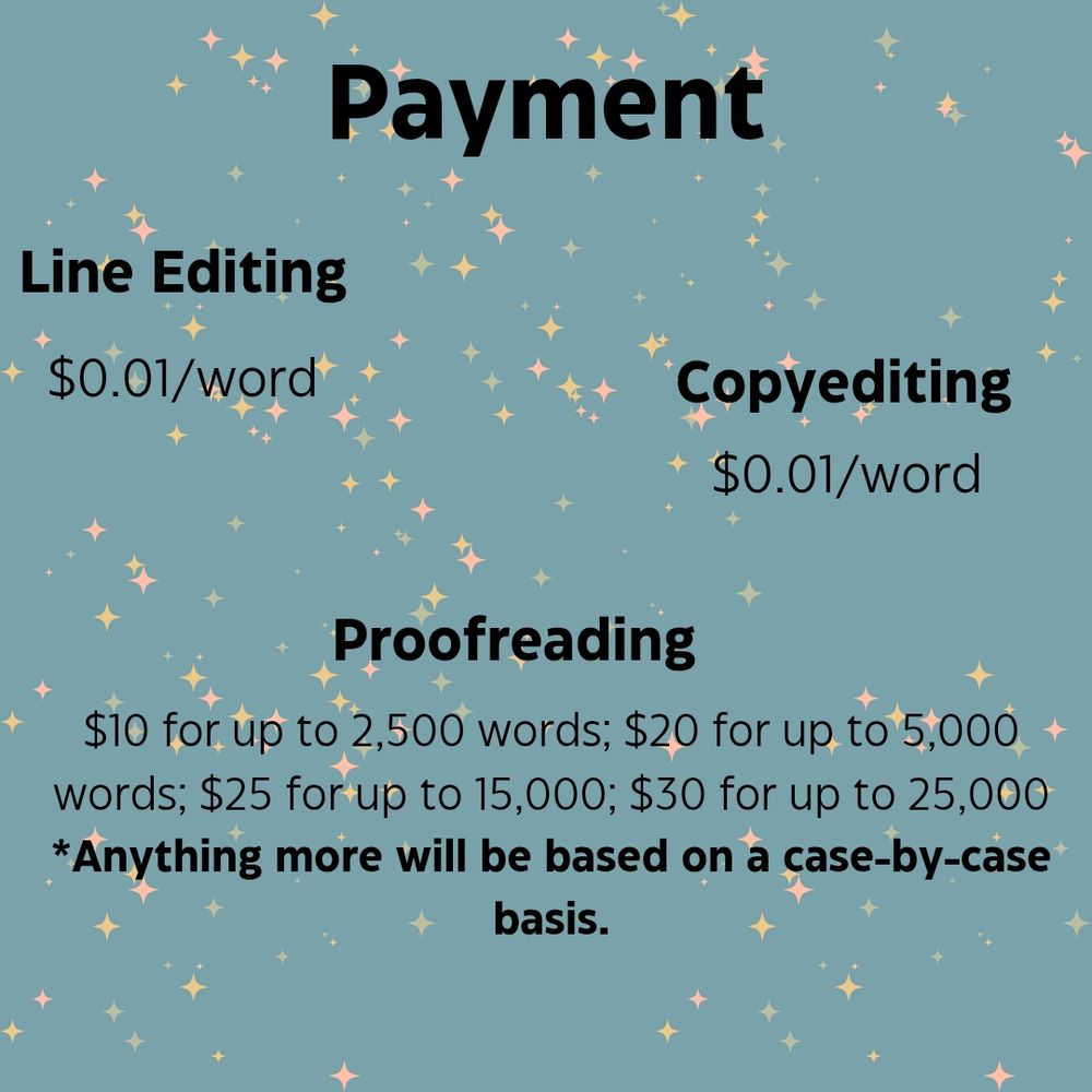 Line editing and copyediting: $0.01/word
Proofreading: $10 for up to 2,500 words; $20 for up to 5,000 words; $25 for up to 15,000 words; $30 for up to 25,000 words; anything more will be based on a case-by-case basis. 