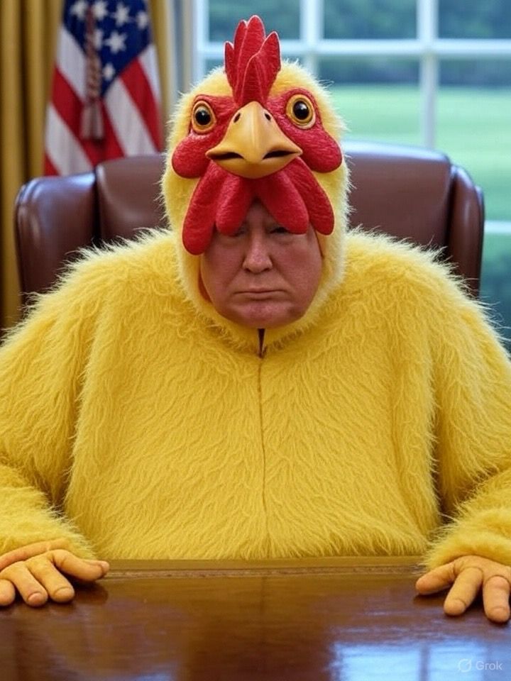 Trump shamefully wearing a Chicken Suit at the Resolute Desk