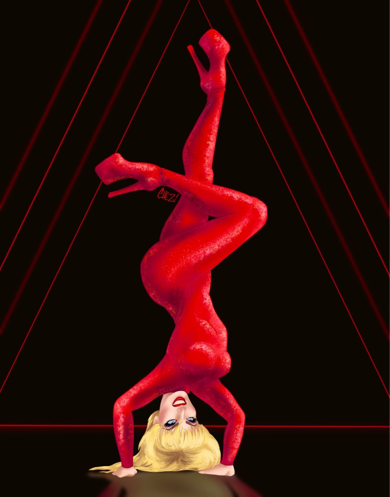 A drawing of iconic drag queen, Katya doing a handstand. 