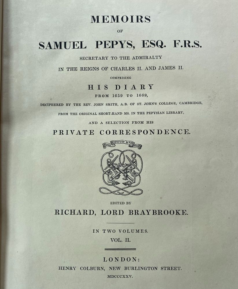 Title page of the first edition of Samuel Pepys's diary, published by Henry Colburn in 1825.