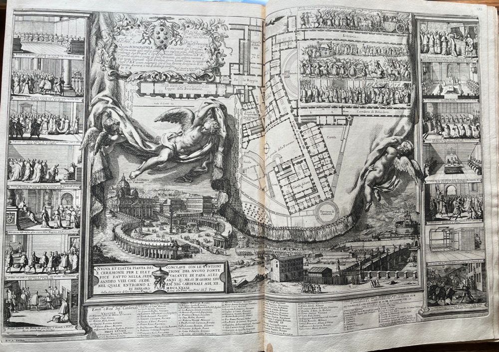 An image of the whole print, in black and white, depicting a plan of the Vatican, St. Peter's Basilica, and scenes from the ceremonies associated with the death of Alexander VIII and the election of Pope Innocent XII at the edges.