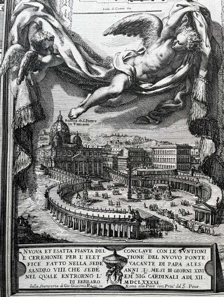 A black and white engraving of St Peter's Basilica, the Vatican, with angels above and lettering below.