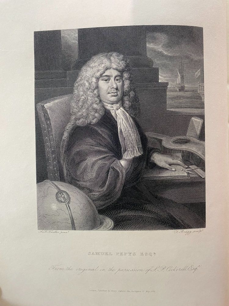 Frontispiece of the first edition of Samuel Pepys's diary, showing Samuel Pepys at a desk with a large wig on his head and a globe beside him, published by Henry Colburn in 1825.
