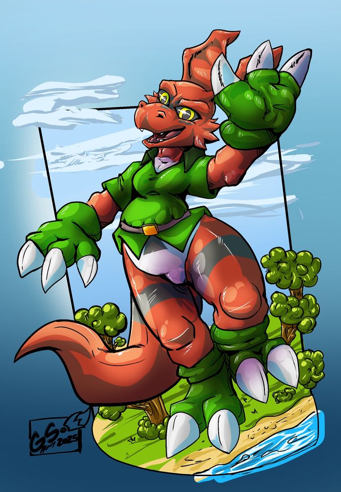 A digital doodle sketch of  Jambeaux. A gian Guilmon OC that belongs to illas. Is standing tall waving