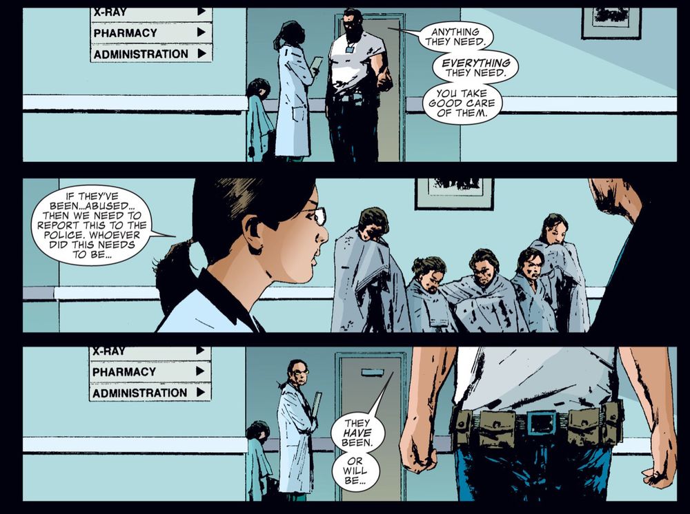 a screenshot from the punisher: naked kill. it has three panels. in the first, Frank talks to a doctor: he says, “anything they need. everything they need. you take good care of them.” in the second, the women he is talking about are visible in the background, huddled together all wearing blankets. the doctor says “if they’ve been abused, then we need to report this to the police. whoever did this needs to be…” in the third, franks is shown walking away, and he cuts the doctor off. he says “they have been, or will be…” 